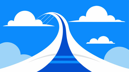 Ethereal Skyline A sleek winding bridge made of smooth white lines extends upwards into a bright blue sky filled with fluffy white clouds. The bridge narrows as it reaches the