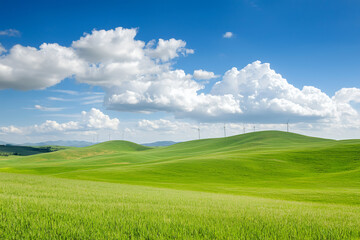 Fototapeta premium Lush green hills under bright blue sky with fluffy clouds and wind turbines in distance create serene landscape