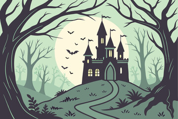 Eerie Spooky Halloween Castle Vector Illustration Dark Forest Bats Moonlight Night Scene
