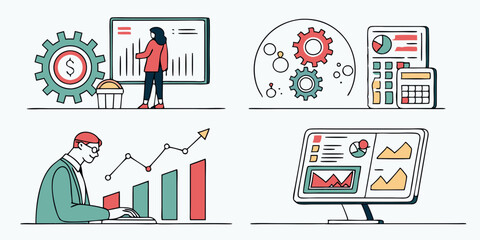 Business Finance Data Analysis Vector Illustrations: Charts Graphs Presentation Technology Money Growth Monitor Calculator Report Infographic Flat Style Design