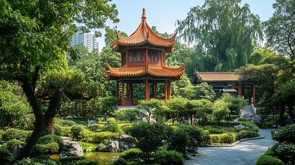 Scenic pagoda in forested hill landscape with vibrant greenery image