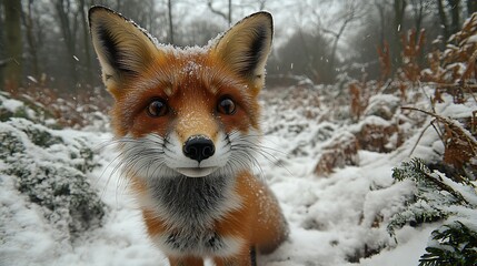 Fototapeta premium Intense fox gaze amid white winter backdrop high resolution picture