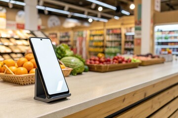 Grocery Store Display With Fresh Produce and Mobile Device Generative AI