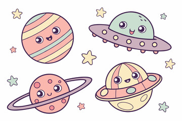 Cute Kawaii Cartoon Planets UFO Stars Pastel Space Vector Illustration Children's Nursery Art Print