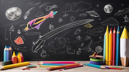 A blackboard background features playful chalk drawings of clouds and an airplane