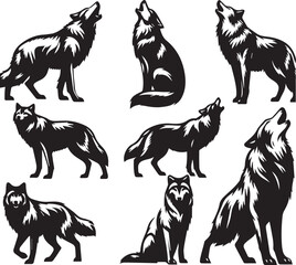 Set of wolf silhouette vector-bold black wild animal illustrations 