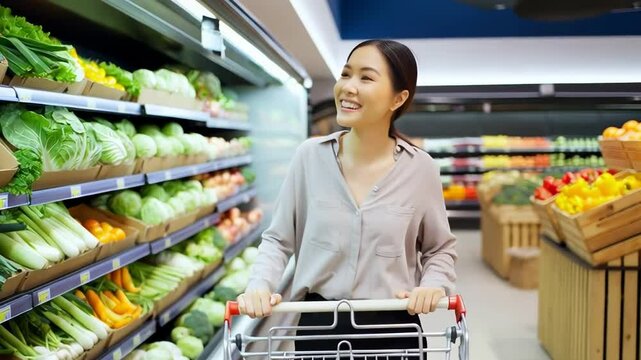 Smiling woman shopping for fresh vegetables in supermarket. Happy customer pushing cart through produce section, enjoying healthy lifestyle and grocery shopping.