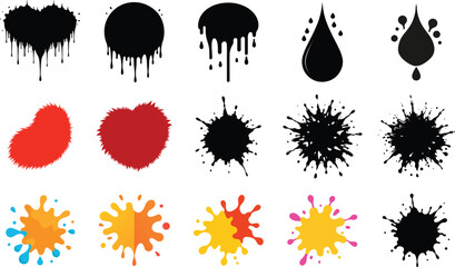 Collection of paint splatters, blobs, and dripping ink in various shapes and colors