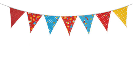 Obraz premium Colorful Festa Junina garland with vibrant triangular flags in red, blue, and yellow, decorated with hearts, stars, and polka dots, creating a festive and lively decoration for traditional celebration