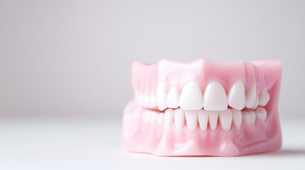 Obraz premium A dental model with white teeth displayed on a clean white surface, showcasing perfect alignment and oral hygiene, and professional dental care concept.