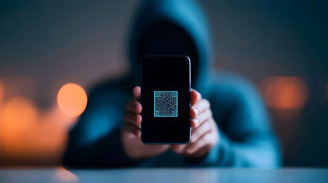 Hooded Figure Holding Smartphone Displaying QR Code