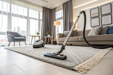 Fototapeta premium Living Room Cleaning With a Vacuum Cleaner in Modern Design Generative AI