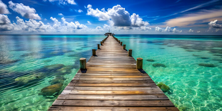A rustic wooden pier stretching into the clear ocean - Powered by Adobe