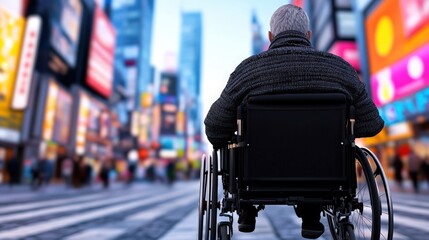 Obraz premium An elderly person in a wheelchair looks out at a vibrant city street during the evening, surrounded by illuminated billboards and lively pedestrians. The atmosphere is energetic and modern