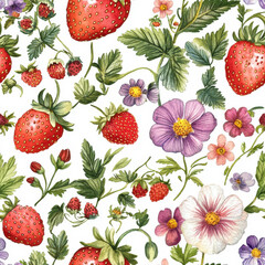 Fresh strawberries and vibrant flowers create lively and colorful pattern, perfect for spring and summer themes. This design captures essence of nature beauty and abundance