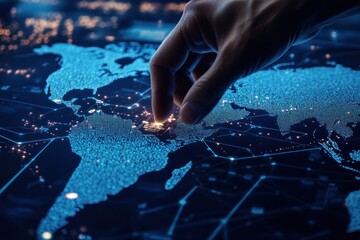 A hand highlighting specific locations on a map, showcasing the expert's focus on geographic areas for global business strategy planning and data-driven decisions.