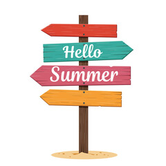 Colorful wooden signpost displaying greetings for summer with directional arrows