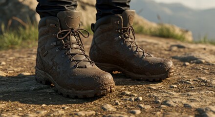 Muddy Boots on Rugged Terrain - Adventure, exploration, resilience, nature, journey. Muddy boots stand on rough terrain, symbolizing a challenging yet rewarding path