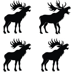 Black Moose Silhouette Set Roaring Wildlife Animal Vector Art Pack Design Elements