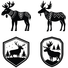 Black And White Moose Vector Illustration With Decorative Elements And Forest Emblems