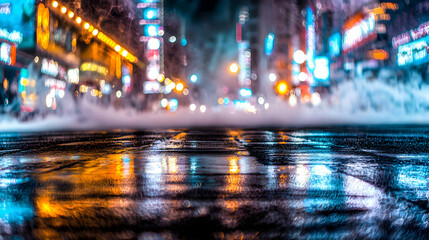 Obraz premium Night City Street With Wet Pavement And Blurry Lights