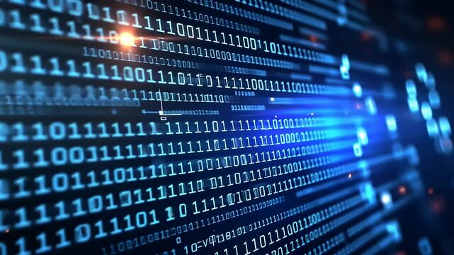 Binary code streams diagonally across a dark screen, conveying digital information flow