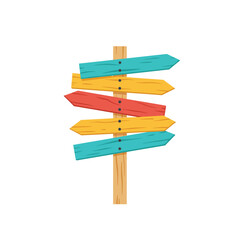 Colorful wooden signpost with multiple directional arrows indicating various paths and destinations