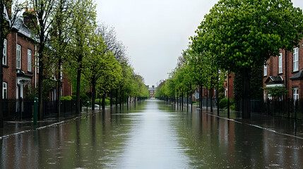 Obraz premium Flooded Residential Street During Heavy Rain