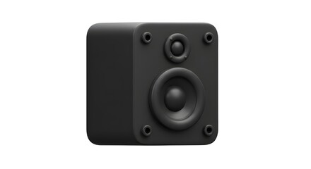 Fototapeta premium A sleek, minimalist black cube speaker promising rich, immersive sound with a matte finish and subtle screw detailing.