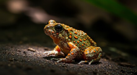 Obraz premium Small Orange Spotted Frog on Dark Brown Ground - A vibrant small frog with orange spots on a dark brown ground. Symbolizing nature, wildlife, amphibian, tropical, and beauty