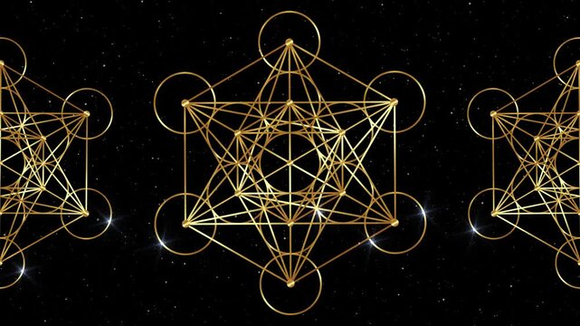 Video animation Metatron's Cube, Flower of Life. Shiny Golden Sacred geometry, light effects background. Mystic gold icon platonic solids, abstract geometric drawing, crop circles, black starry galaxy