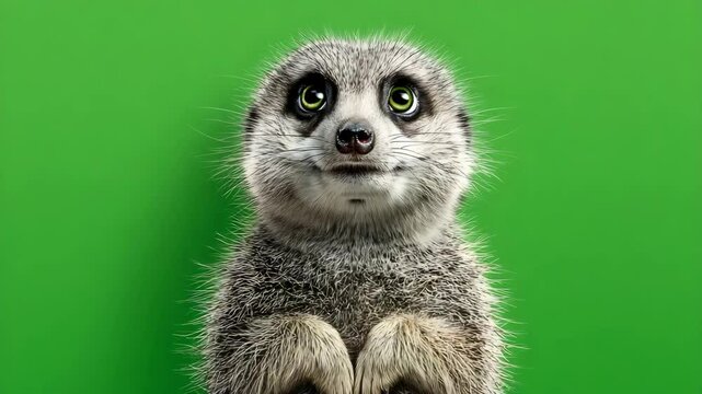 A curious meerkat stands upright against a vibrant green background, showcasing its inquisitive nature