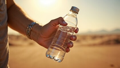 Hand holding water bottle in sunny desert landscape