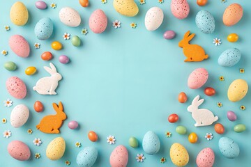 Easter Eggs and Bunny Cookies on Pastel Blue Background, Top View
