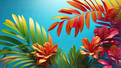 A vibrant composition of tropical leaves in shades of yellow, orange, and red, set against a soft, blurred blue background