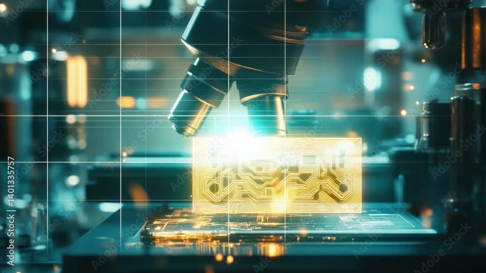 Poster advanced robotic arm manipulating microchip in futuristic laboratory environment with high-tech tech