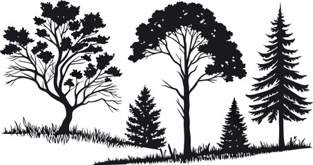 Obraz premium Pine Tree Forest Silhouette – Black and White Evergreen Tree line Vector Illustration
