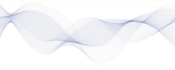 Abstract wave blue lines on transparent background. Design for banner, wallpaper,  Stylized line art background. Vector illustration. Wave with lines created using blend tool. Curved wavy line,  