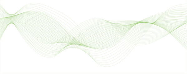 Abstract wave  green lines on transparent background. Design for banner, wallpaper,  Stylized line art background. Vector illustration. Wave with lines created using blend tool. Curved wavy line,  