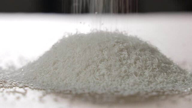 White plastic granules falling onto a growing pile in a bright industrial setting, Close-up of raw polymer material used in injection molding or component manufacturing
