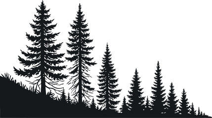 Fototapeta premium Pine Tree Forest Silhouette – Black and White Evergreen Tree line Vector Illustration