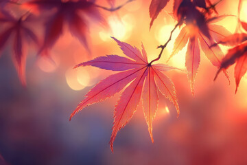 Vibrant autumn leaves in various hues cover the ground, creating a vivid and colorful carpet under tall trees. Sunlight filters through the foliage, illuminating the scene with a warm glow.