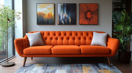 Burnt orange sofa with mid-century modern design high resolution image