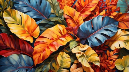 A vibrant composition of tropical leaves in shades of yellow, orange, and red, set against a soft, blurred blue background