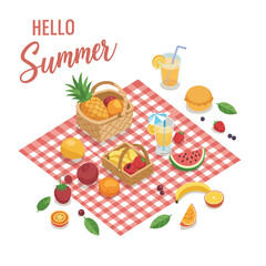 Summer picnic scene with fruits, drinks, and a checkered tablecloth setting
