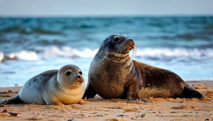 Fototapeta premium Caspian seal and a Caspian seal pup resting on the seashore. Amazing seascape, high quality image.