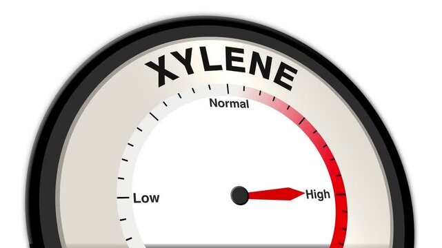 Xylene text or word displayed with a barometer or tachometer-style gauge showing levels from low to normal to high, representing the concentration of xylene and its impact on health and environment