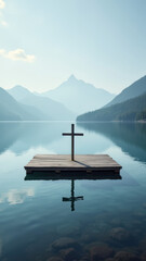 Calm serene lake with dock and cross symbolizing Christian faith.