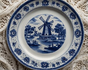 Top-down view of traditional Dutch Delftware plate with blue windmill and floral designs on white glazed base