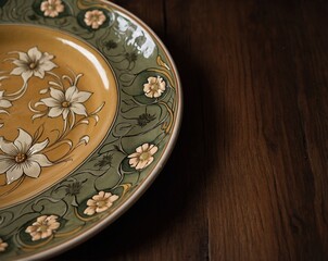 Art Nouveau inspired ceramic plate with floral designs and organic lines on dark wood surface